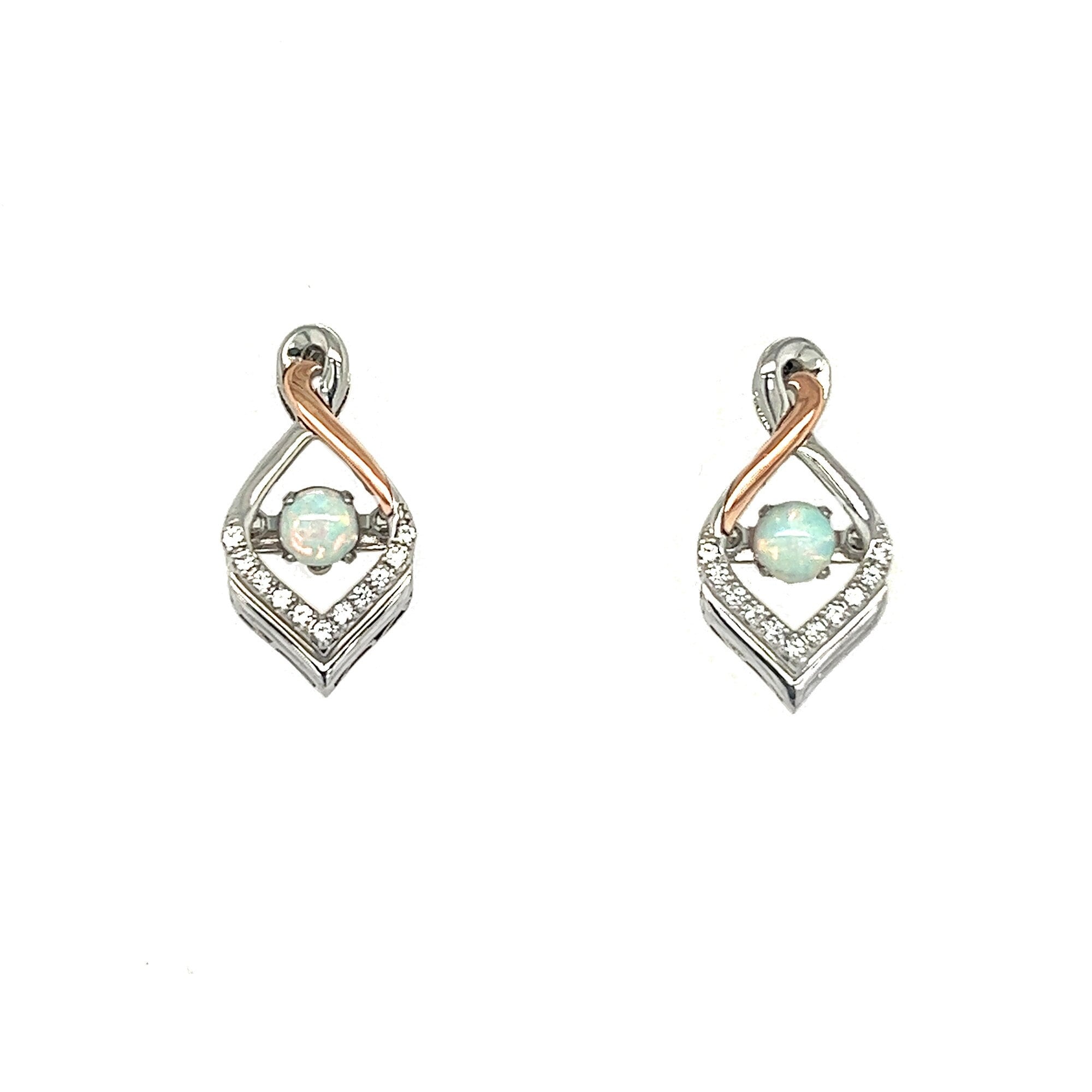 Solid Yellow Gold And Silver Earrings With Created Opal And White Sapphire Accent