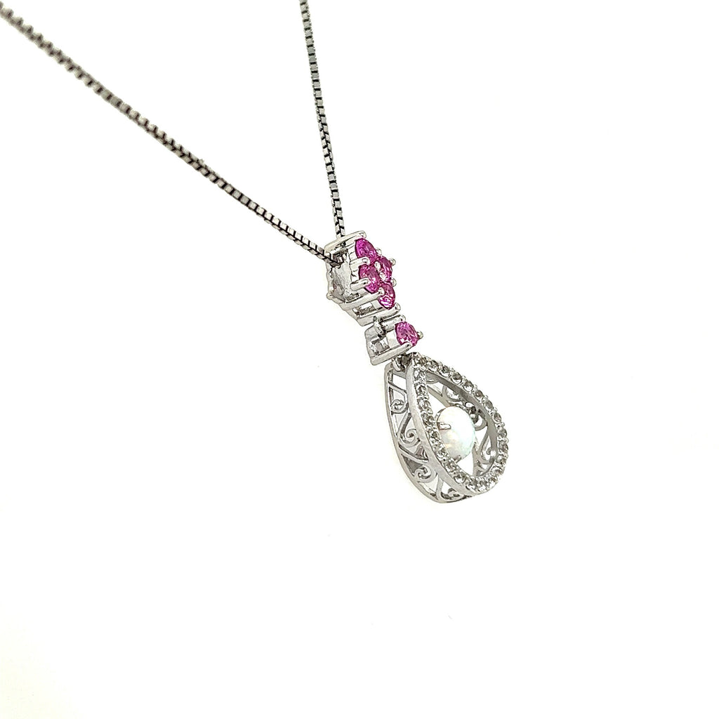 Rocking Created Opal And Pink Sapphire Accent Silver Drop Necklace