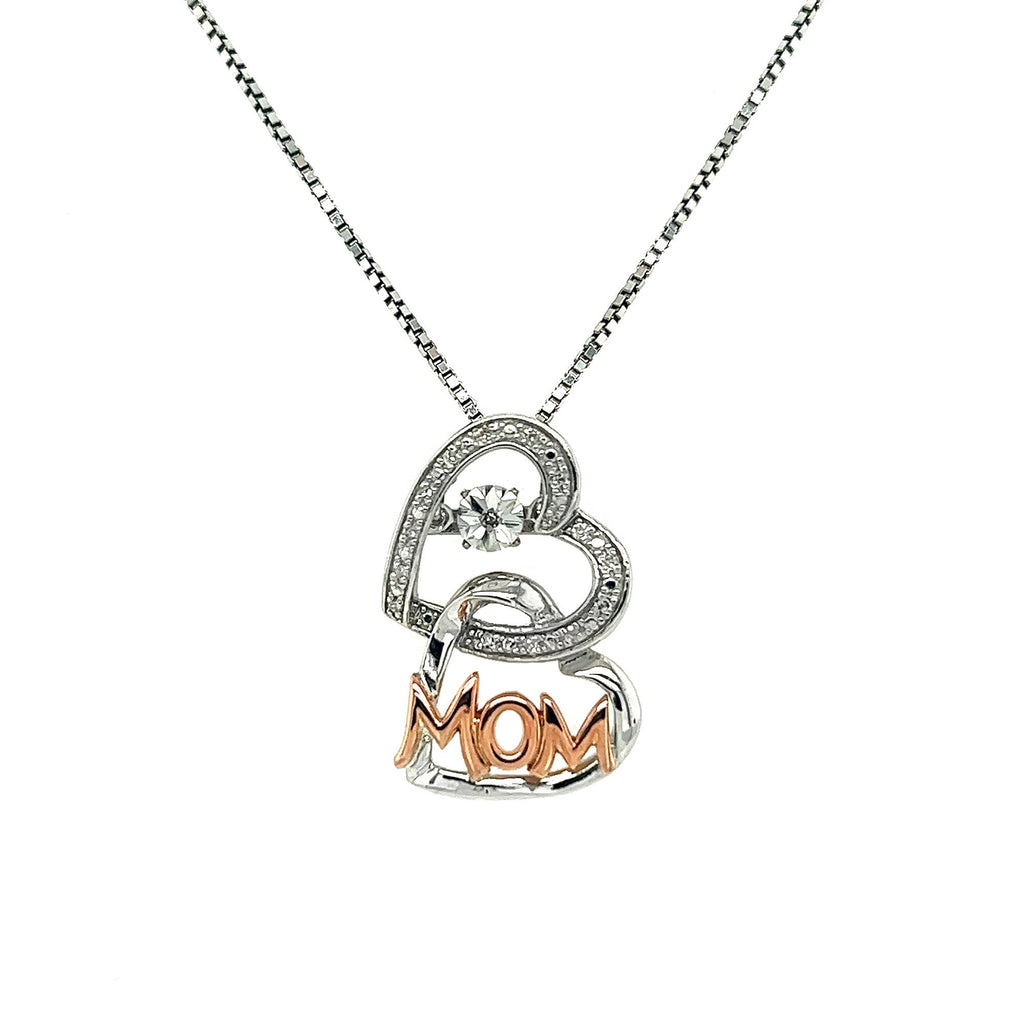 10KT Yellow Gold And Silver Double Heart "MOM" Necklace With 1/20 TDW And Sparkle Diamond With Sterling Silver Box Chain