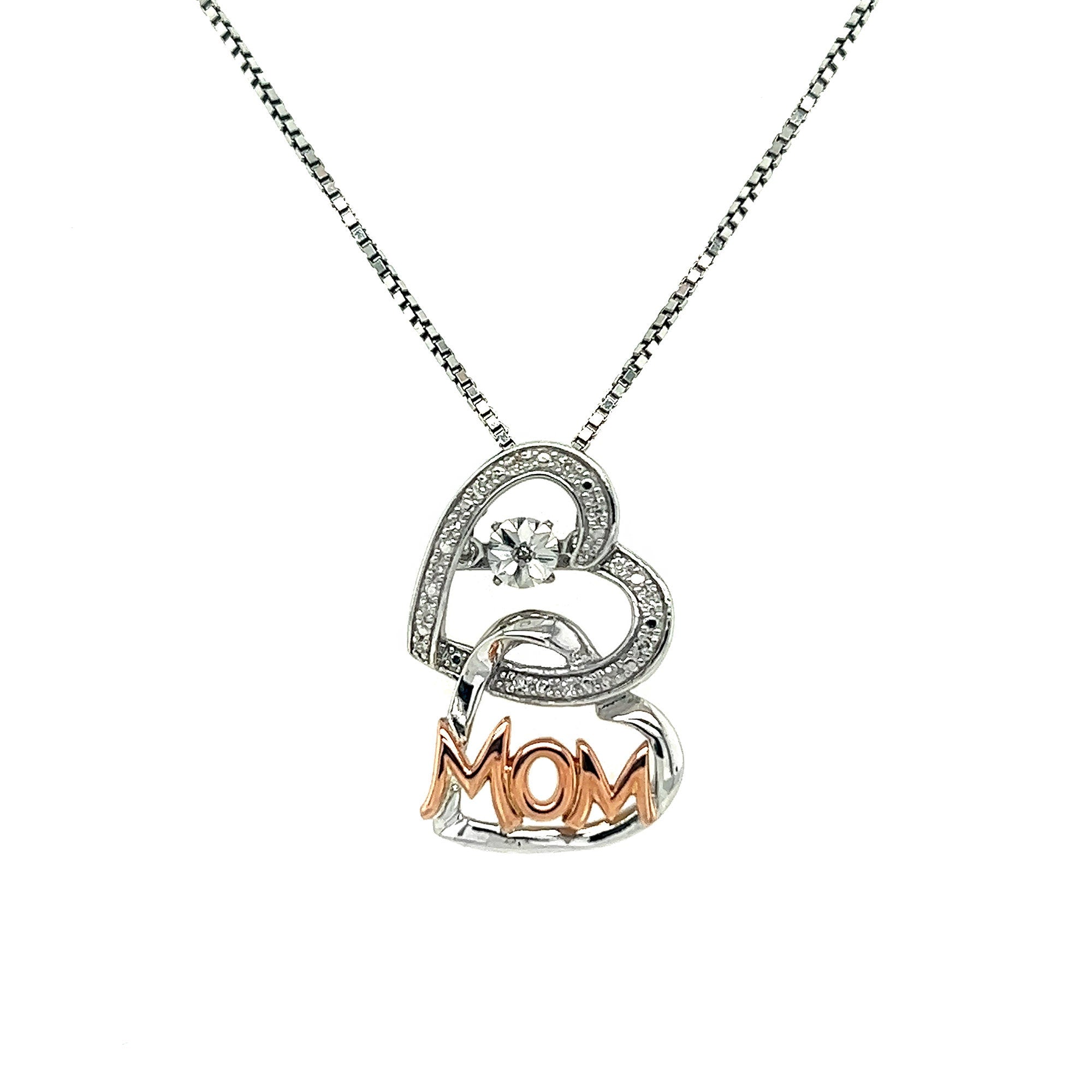 10KT Yellow Gold And Silver Double Heart "MOM" Necklace With 1/20 TDW And Sparkle Diamond With Sterling Silver Box Chain