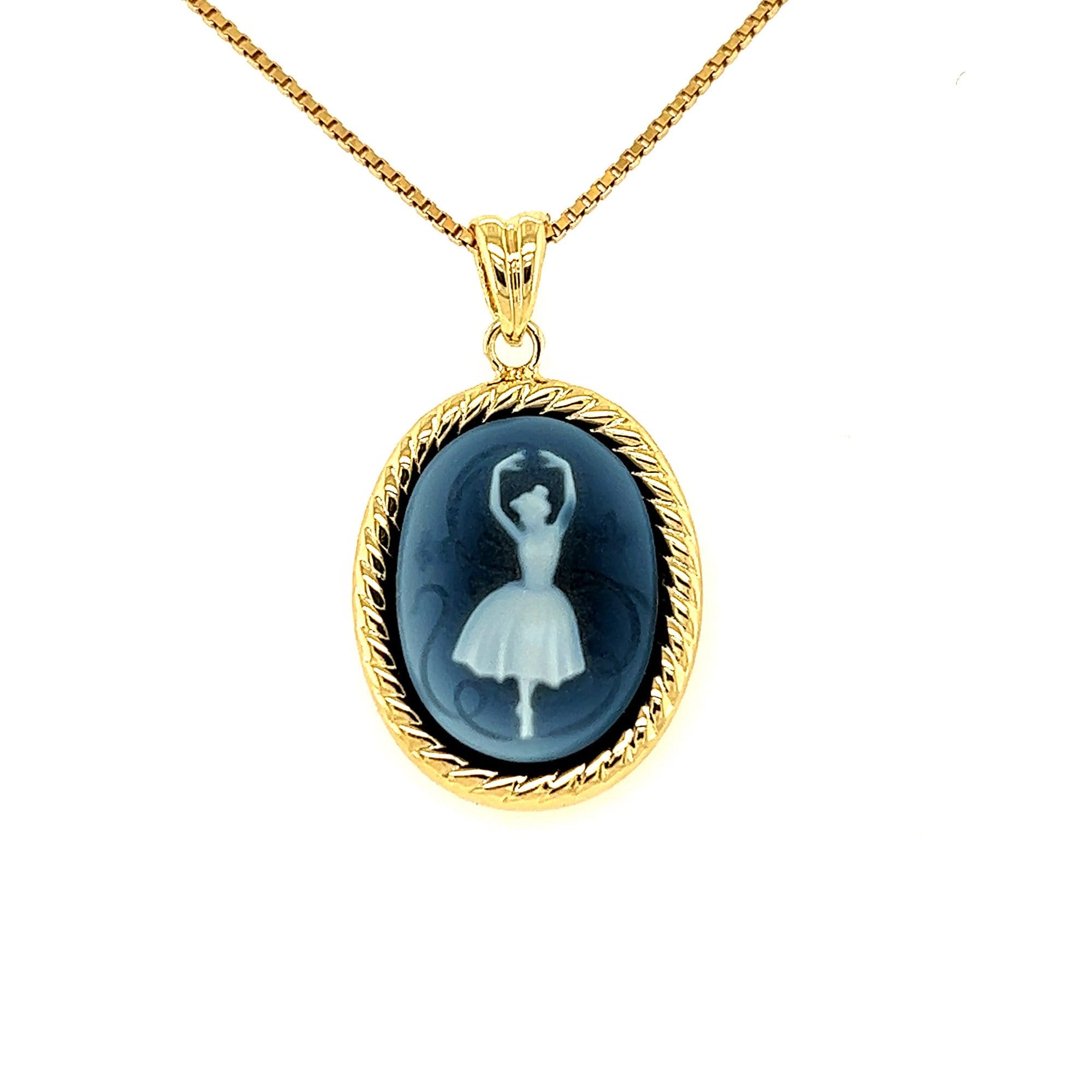 14K Gold Plated 925 Sterling Silver Blue Agate "Ballerina" Cameo Pendant