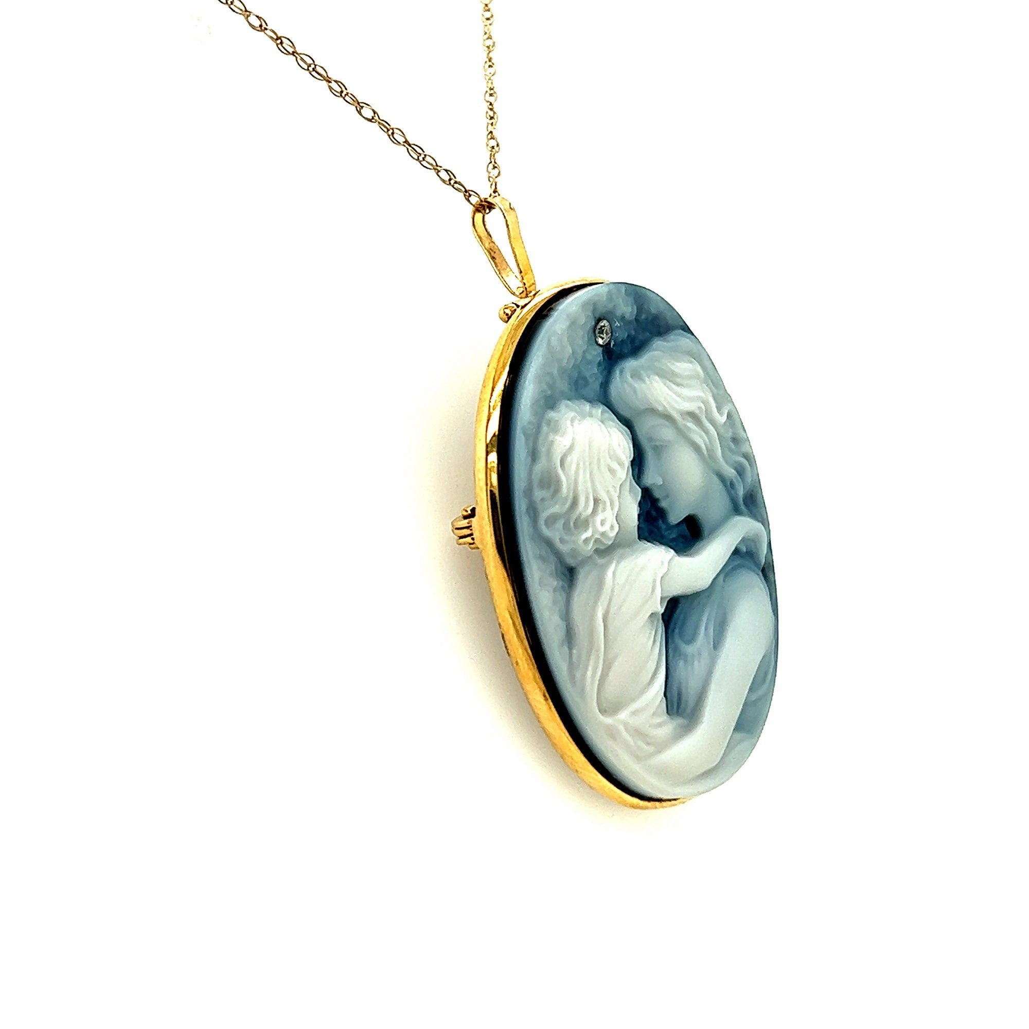 Large 14K Gold Diamond Accent "Mother and Child" Blue Agate Cameo Pendant and Brooch