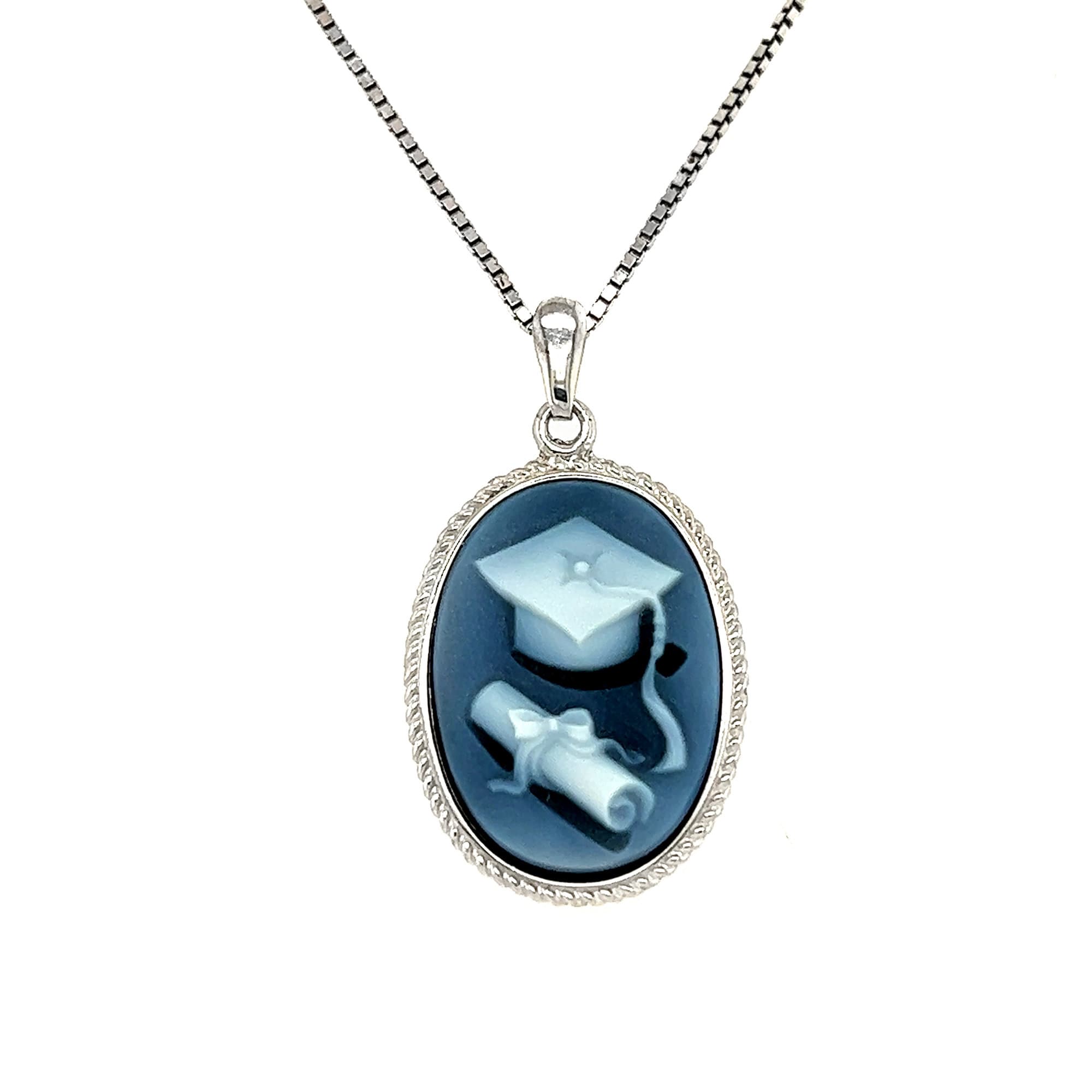 925 Sterling Silver Blue Agate "Graduation" Cameo Pendant With Sterling Silver Necklace