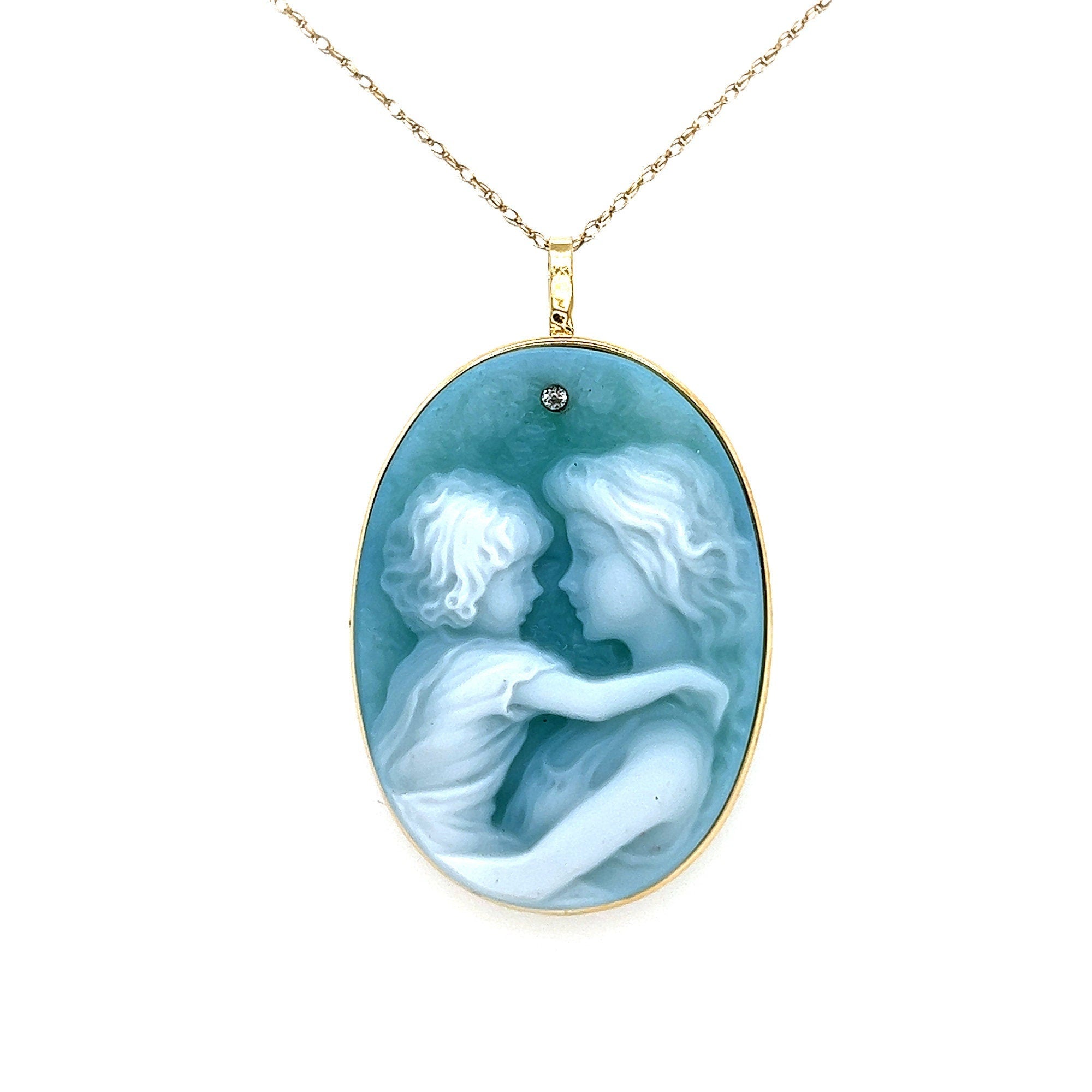 Large 14K Gold "Mother and Child" Diamond Accent Blue Agate Cameo Pendant/Brooch