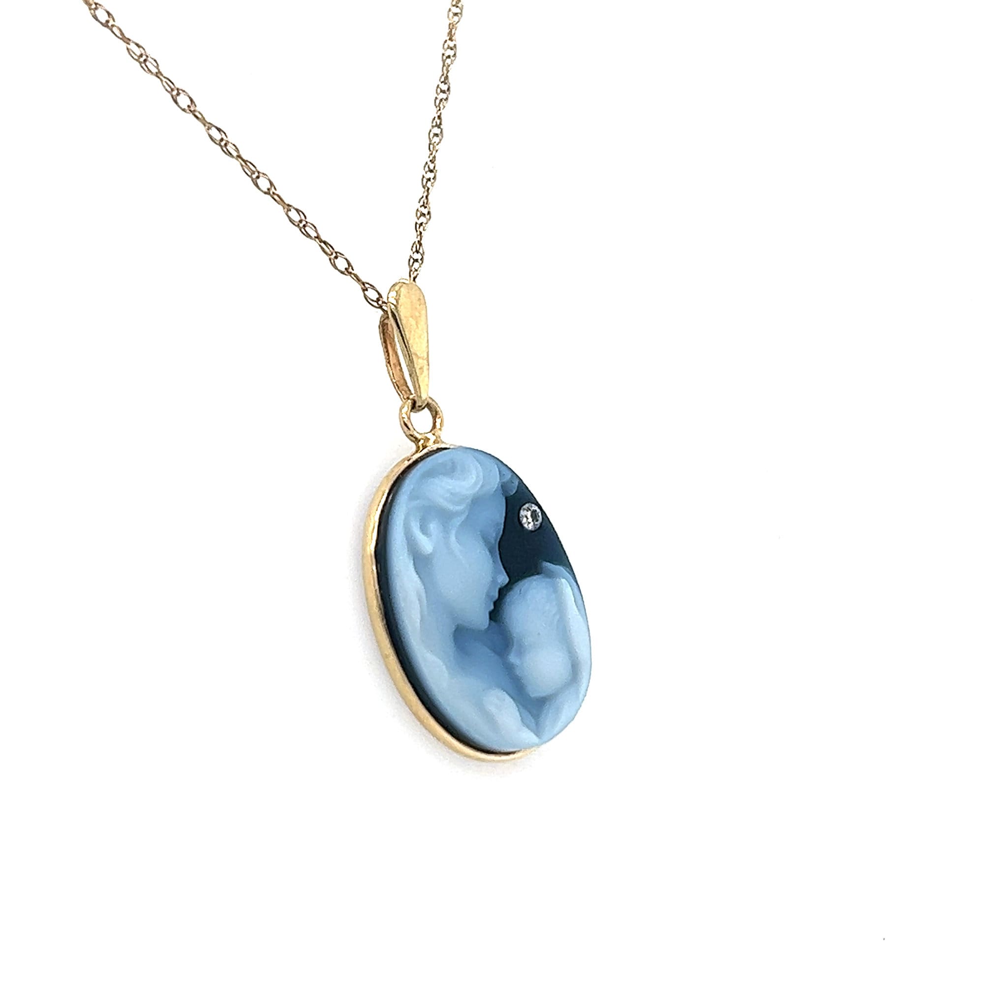 10K Gold & Diamond Accent "Heaven’s Gift" Blue Agate Cameo Pendant