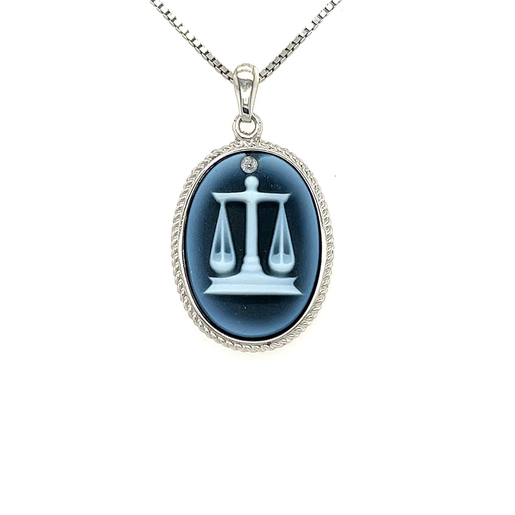 Sterling Silver Diamond Accent "Libra Zodiac" Blue Agate Cameo Pendant
