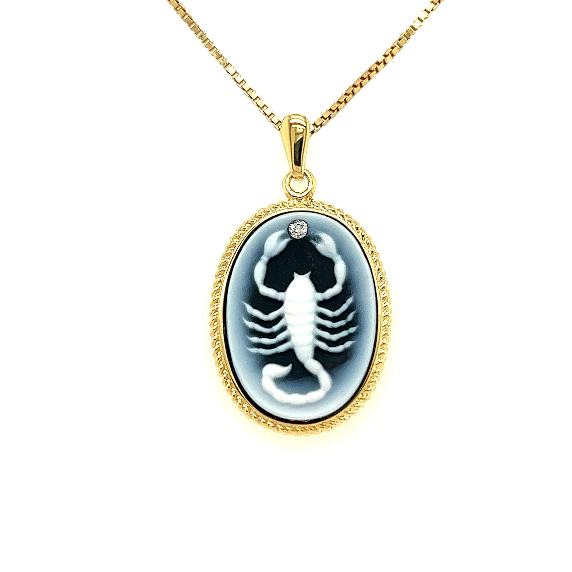 14K Gold Plated Diamond Accent "Scorpio Zodiac" Blue Agate Cameo Pendant