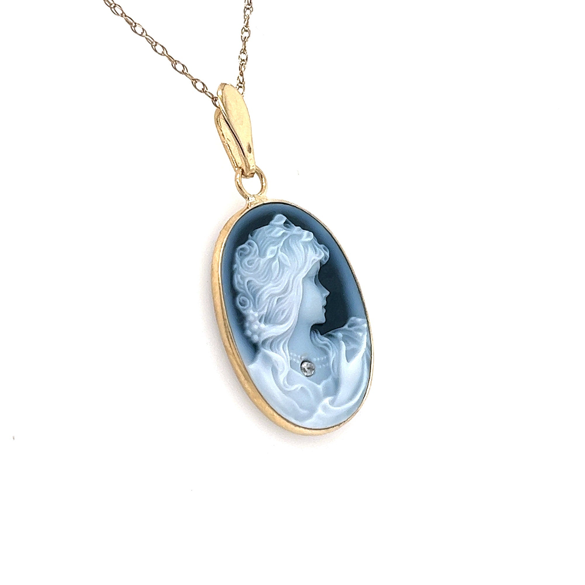 14K Gold "Young Girl With Diamond" Blue Agate Cameo Pendant with Diamond Accent