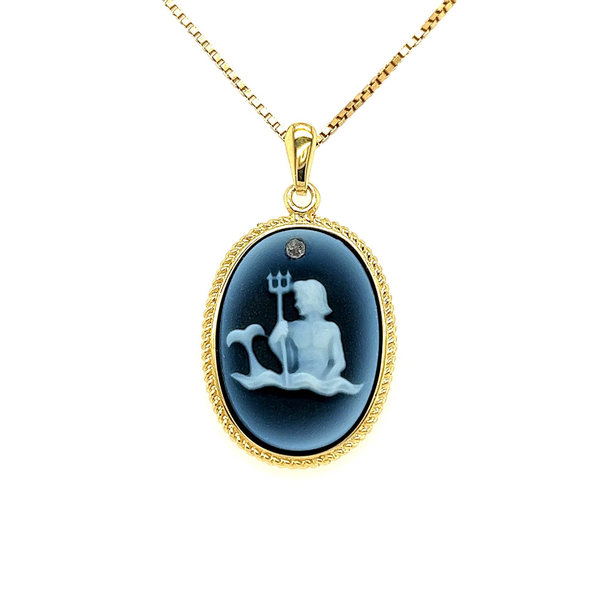 14K Gold Plated Diamond Accent "Aquarius Zodiac" Blue Agate Cameo Pendant