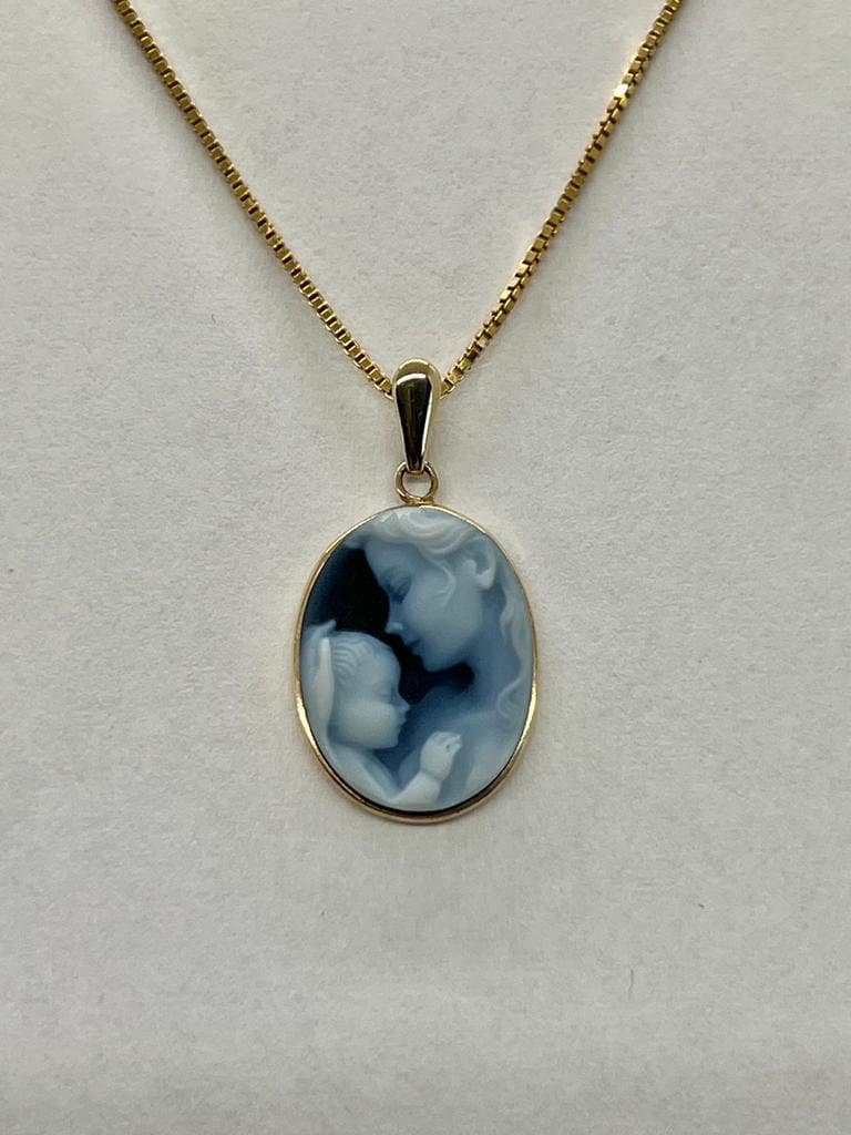10K Gold & Diamond Accent "Heaven’s Gift" Blue Agate Cameo Pendant