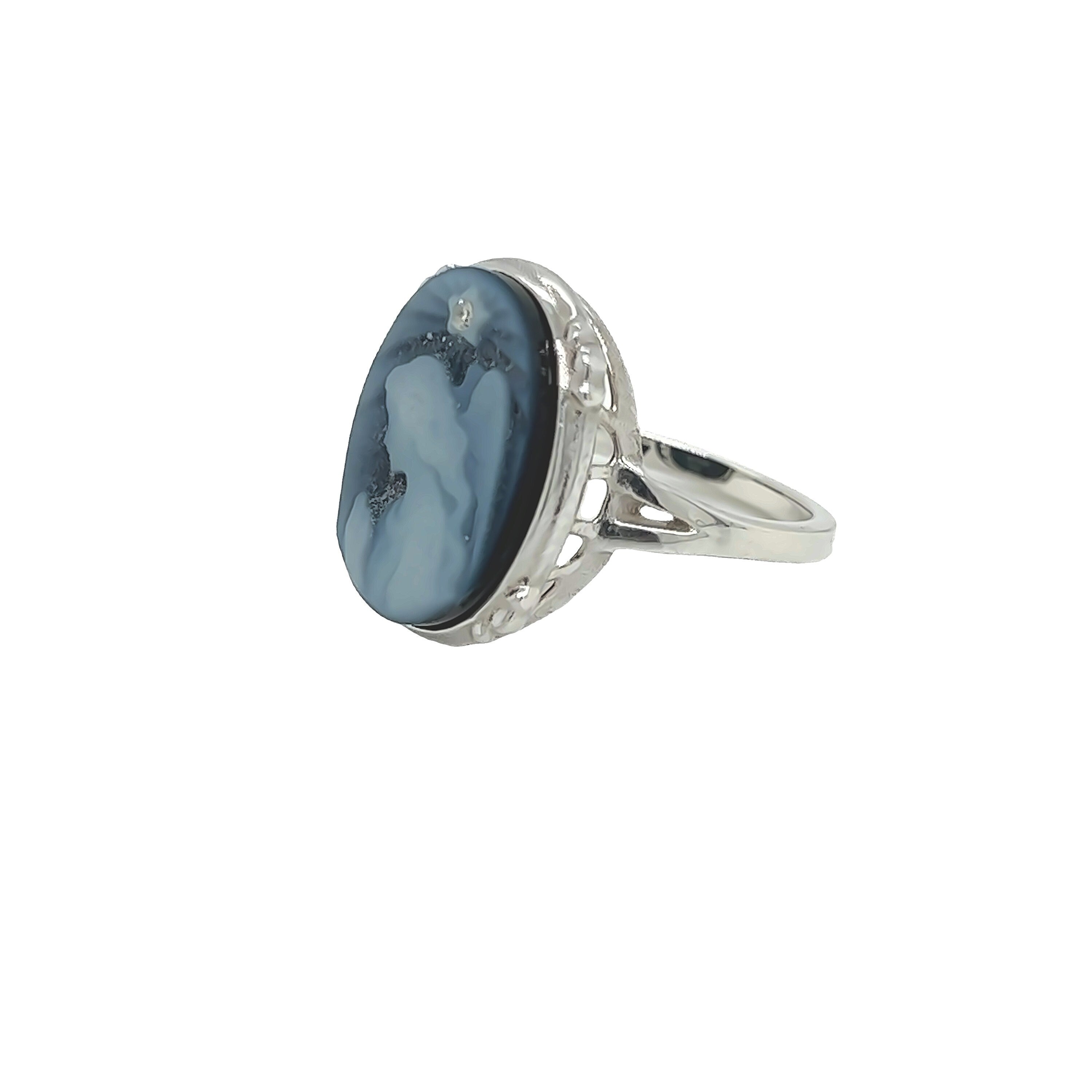 Sterling Silver Diamond Accent Star "Praying Angel" Blue Agate Cameo Ring
