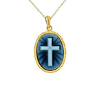 18K Yellow Gold Plated Sterling Silver "Cross" Blue Agate Cameo Pendant With 18" Necklace