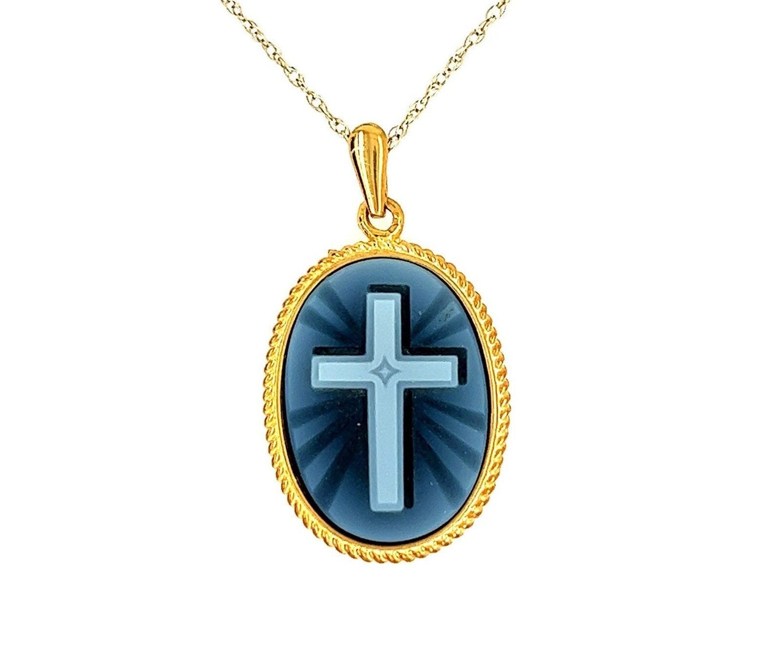 18K Yellow Gold Plated Sterling Silver "Cross" Blue Agate Cameo Pendant With 18" Necklace